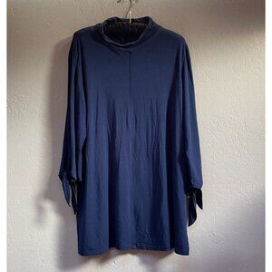 Robert Kitchen Women Medium Tie Sleeve Mock Neck Tunic Top Side Slit Blue Casual